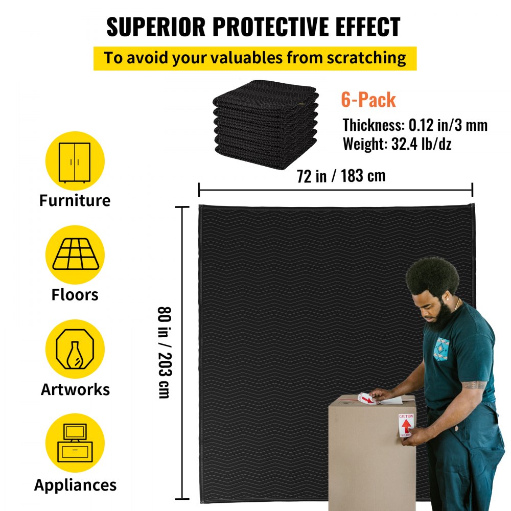 VEVOR koce ruchome koce do pakowania koce do pakowania 203x183cm koce meblowe czarne koce akumulacyjne 6 szt.