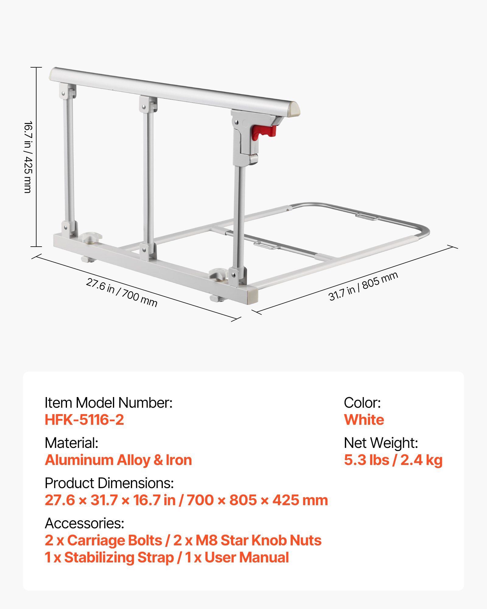VEVOR składana barierka zabezpieczająca łóżko dla seniorów, 70 cm barierka zabezpieczająca łóżko z paskiem mocującym, zabezpieczenie przed upadkiem, ochrona krawędzi, pasuje do łóżek typu king-size, queen-size, full-size i twin