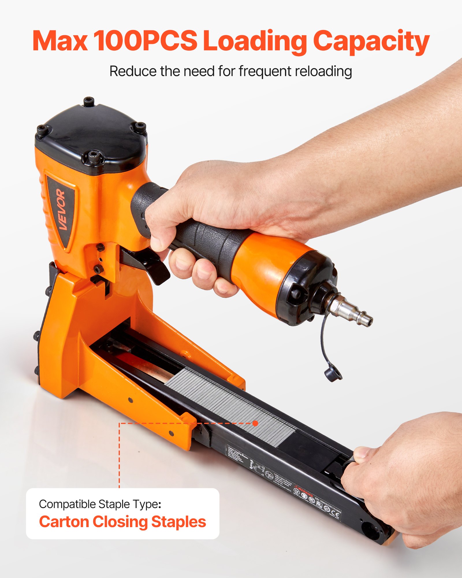 VEVOR Pneumatic Carton Closing Stapler, 13 Gauge Pneumatic Cardboard Staple Gun for 34.8mm Crown 16mm & 19mm Length, Depth-Adjustable 70-120 PSI Air Staple Gun for Boxes Carton Closing, Packaging