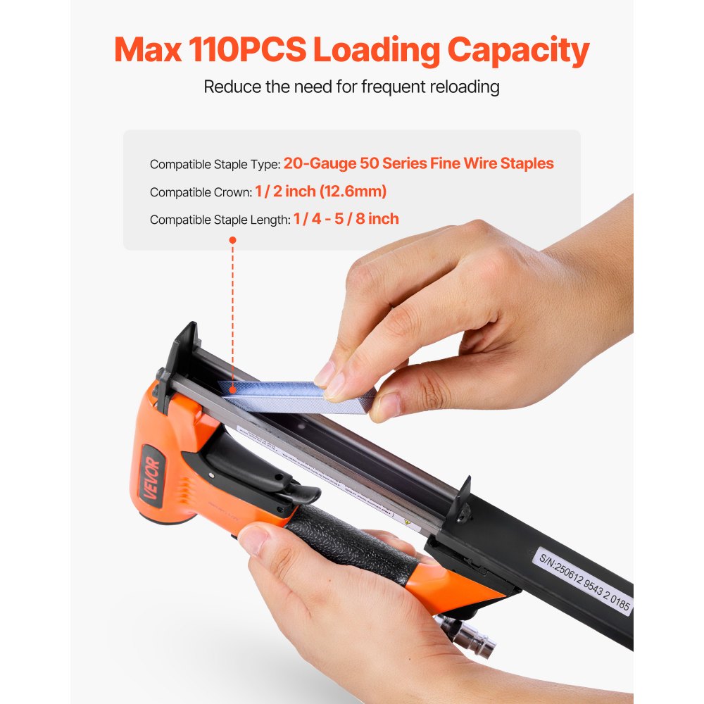 VEVOR Pneumatic Staple Gun, 20 Gauge Air Upholstery Stapler for 50 Series Fine Wire Staples 12.8mm Crown 6mm-16mm Length, Max 110PCS Loading Air Staple Gun for Upholstering, Woodworking, DIY Projects