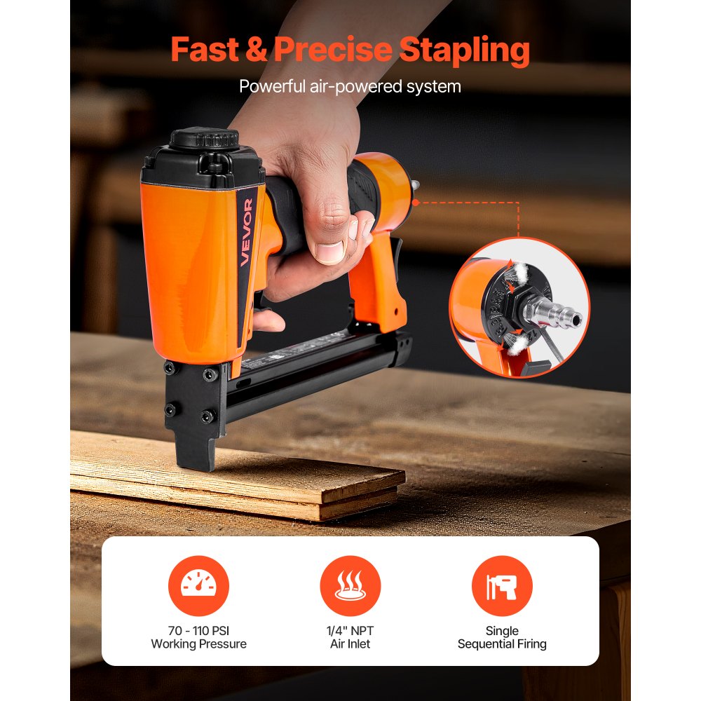 VEVOR Pneumatic Staple Gun, 21 Gauge Pneumatic Upholstery Stapler for 80 Series 12.8mm Crown 6mm-16mm Length Staples, 70-110 PSI Air Staple Gun for Woodworking, Upholstering, Crafts, DIY Projects