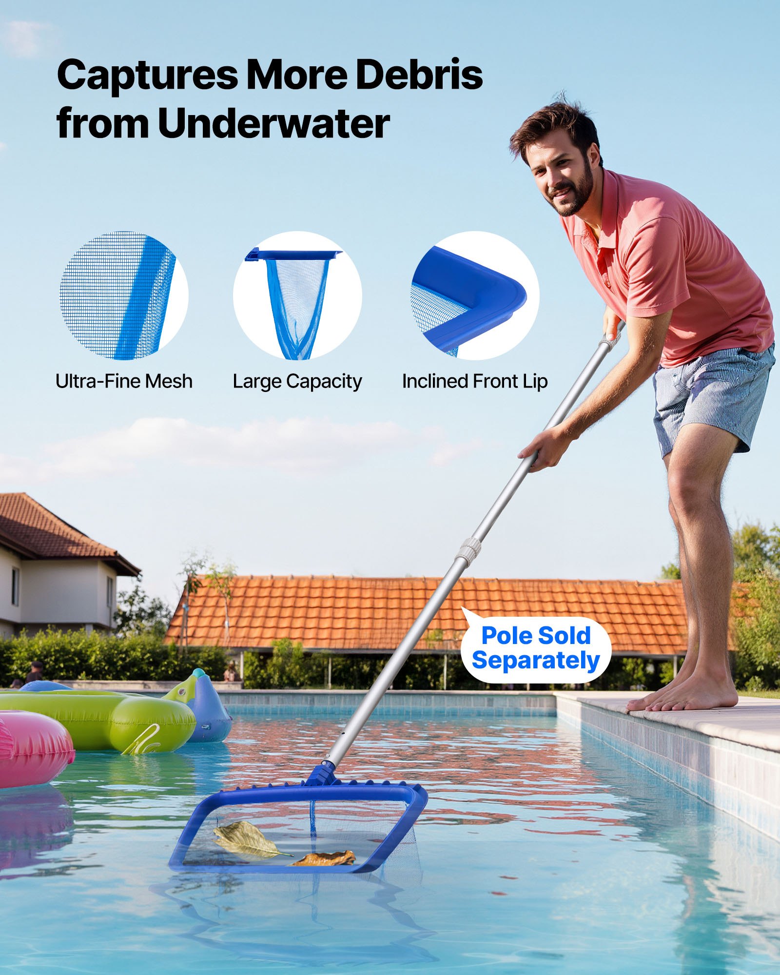Zestaw do czyszczenia basenów VEVOR zawiera 2 zdejmowane głowice szczotek (51/14 cm) i 2 siatki do skimmera basenowego, zestaw narzędzi do czyszczenia basenów naziemnych i wbudowanych w ziemię, do zbierania liści, drobne oczka, bez tyczek