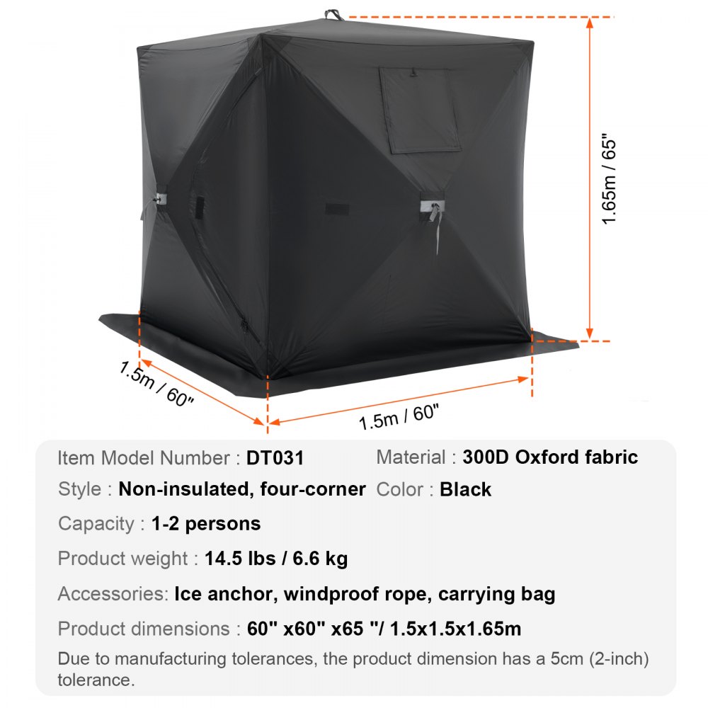 VEVOR Portable Ice Fishing Tent, Pop-Up Ice Fishing Tent for 1-2 People, Fishing Tent 300D Oxford Fabric, Angler's Umbrella for Winter Fishing, Tent with Anchors/Rope/Carrying Bag, 1.5x1.5x1.65m, Black