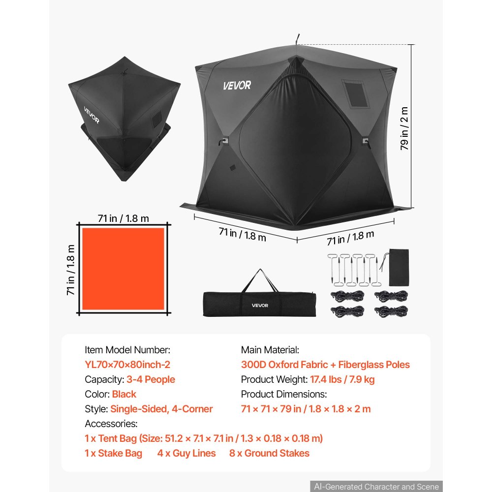 Namiot do wędkowania pod lodem VEVOR dla 3-4 osób, 1,8 x 1,8 x 2 m, namiot chroniący przed lodem do wędkowania zimowego, powierzchnia 3,13 m², tkanina Oxford 300D, namiot typu hub z kotwicami, linami, torbą transportową, kolor czarny