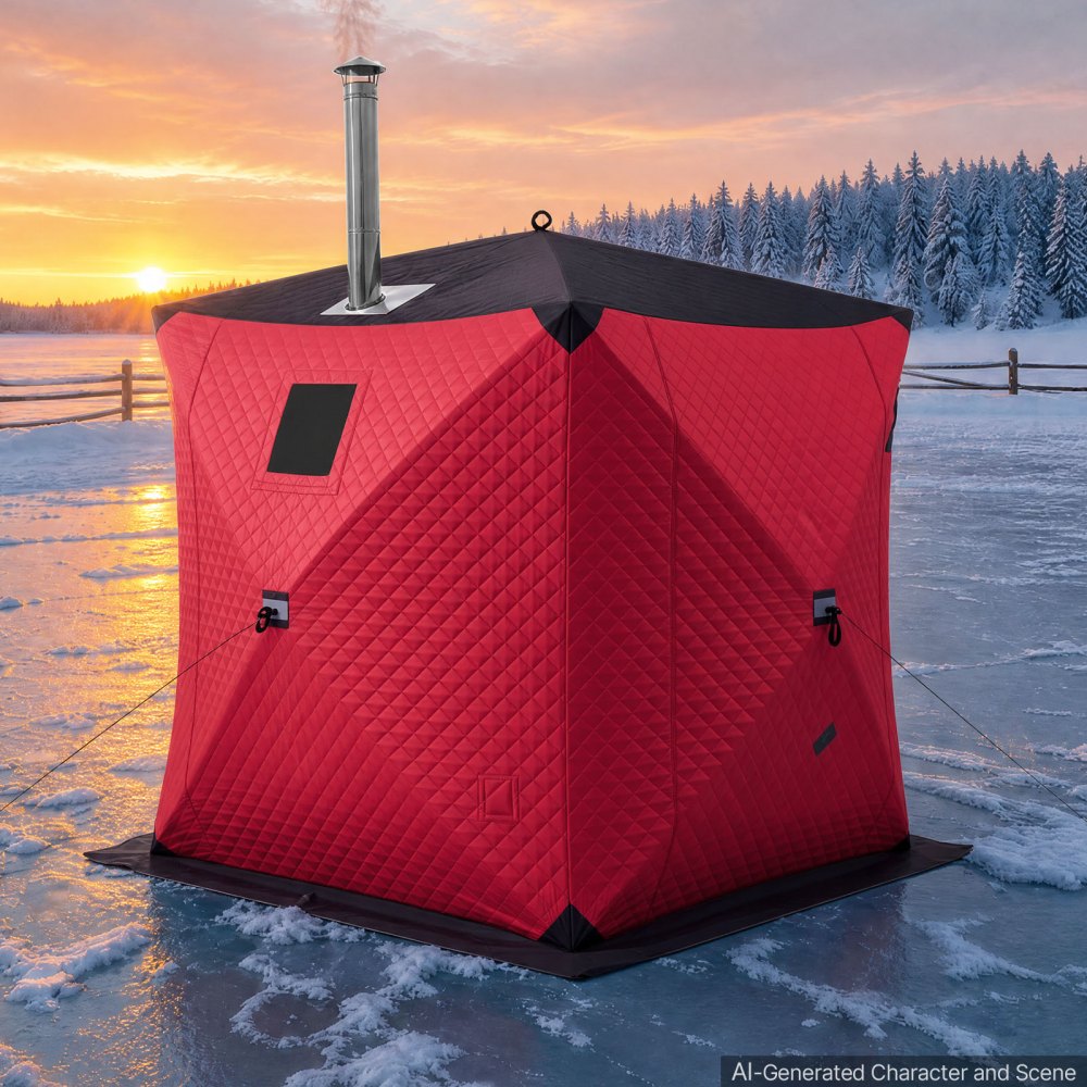 Namiot wędkarski VEVOR do wędkowania pod lodem dla 3-4 osób, 1,8 x 1,8 x 2 m, ocieplany, do wędkowania zimowego, powierzchnia 3,13 m², tkanina 600D 4-warstwowa, przenośny, namiot wędkarski typu hub z kotwicami, linami i torbą transportową, czerwony