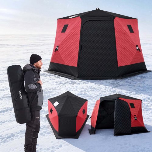 Namiot do wędkowania pod lodem VEVOR, 6-8 osób, 3,3 x 3,3 x 2 m, ocieplany, chroniący przed lodem, do wędkowania zimowego, powierzchnia 6,75 m², tkanina 600D 4-warstwowa, namiot typu hub z kotwicami, linami, torbą transportową, kolor czerwony