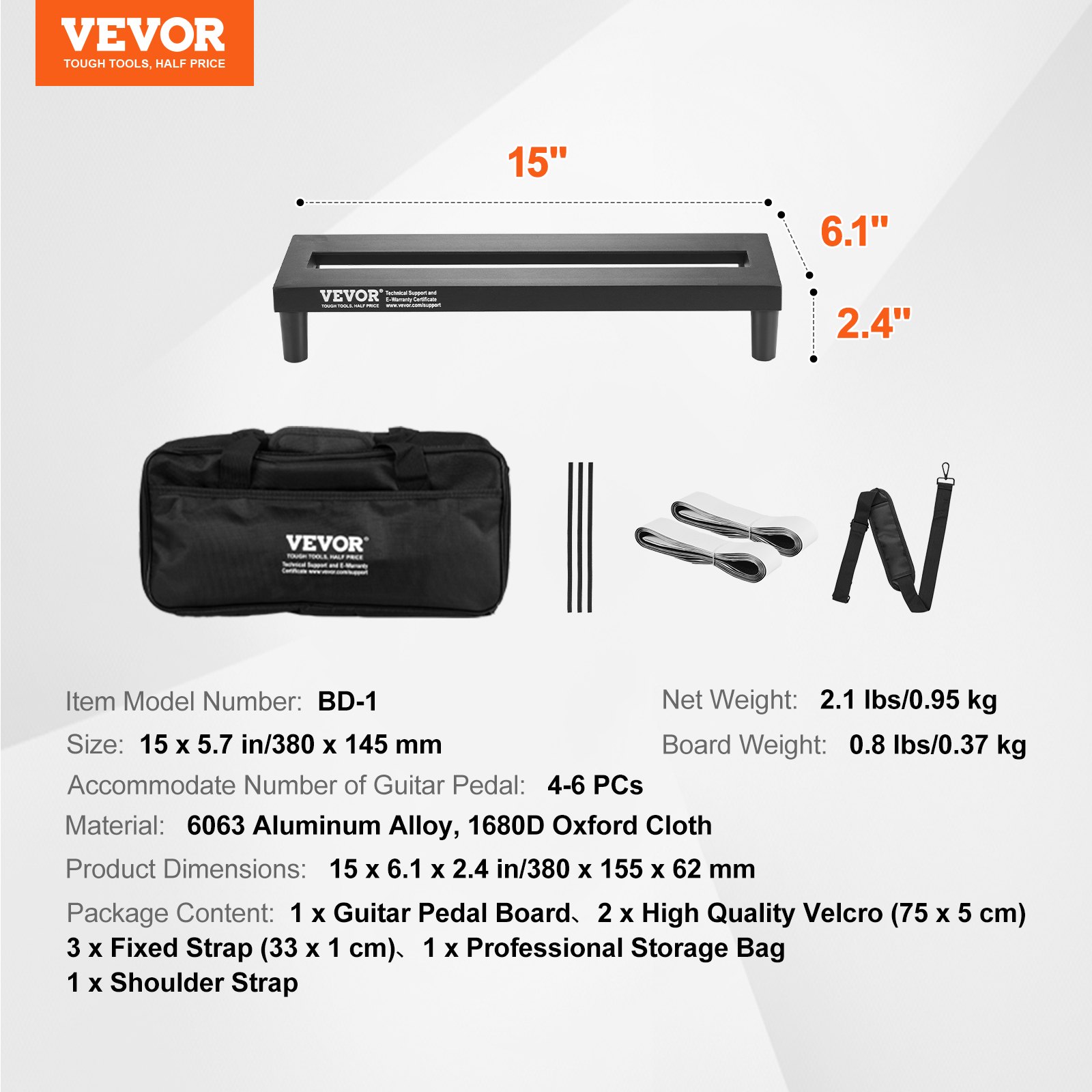 VEVOR Guitar Pedal Board, 380 x 145 mm, stop aluminium, 0,37 kg, gitarowy pedał efektowy z torbą transportową, wysokiej jakości wytrzymały pasek na ramię z rzepem, na 4-6 pedałów gitarowych, mały
