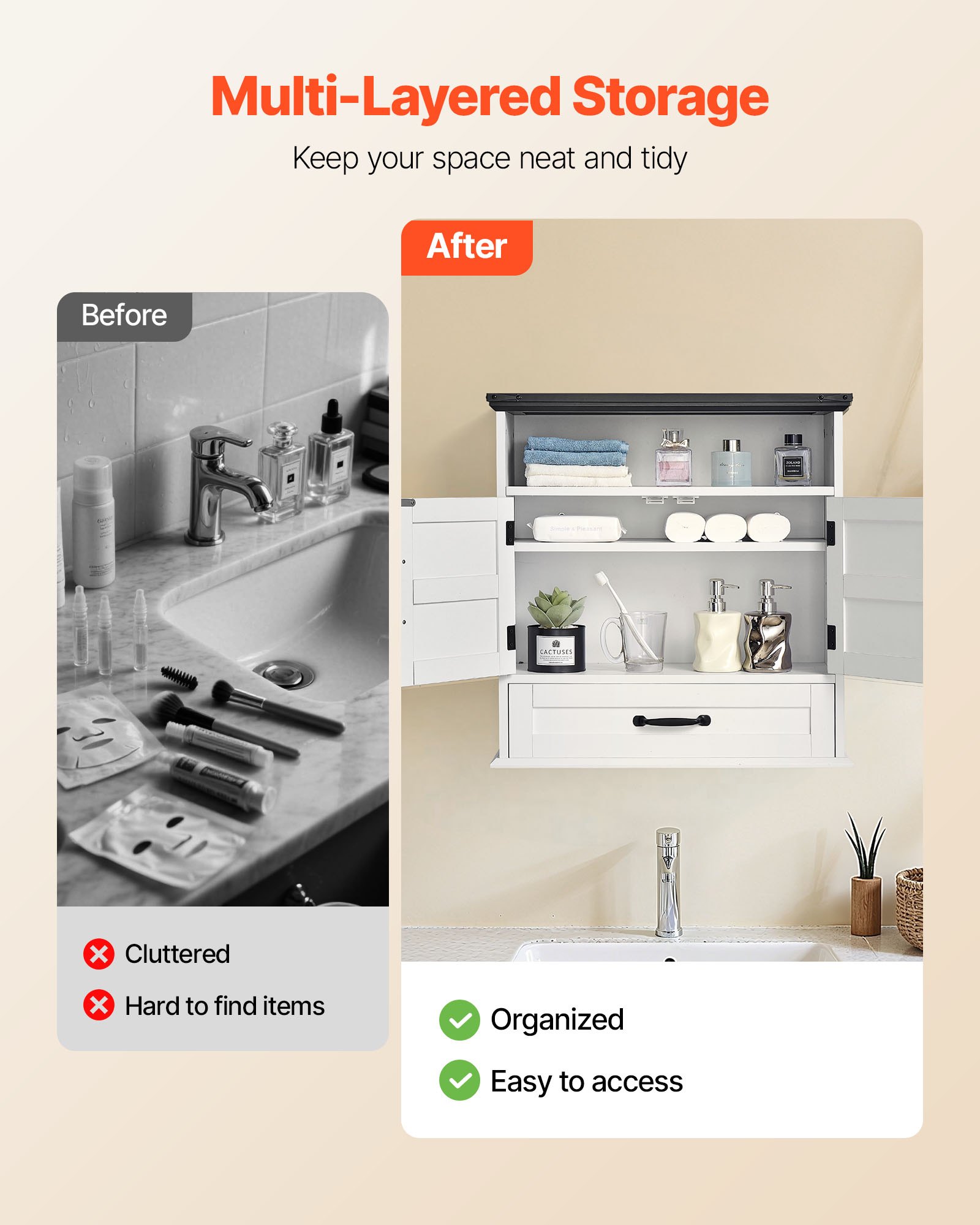 Szafka łazienkowa VEVOR z 2 drzwiami i regulowanymi półkami, szafka wisząca, szafka łazienkowa z otwartą przegrodą i szufladami do kuchni i toalety