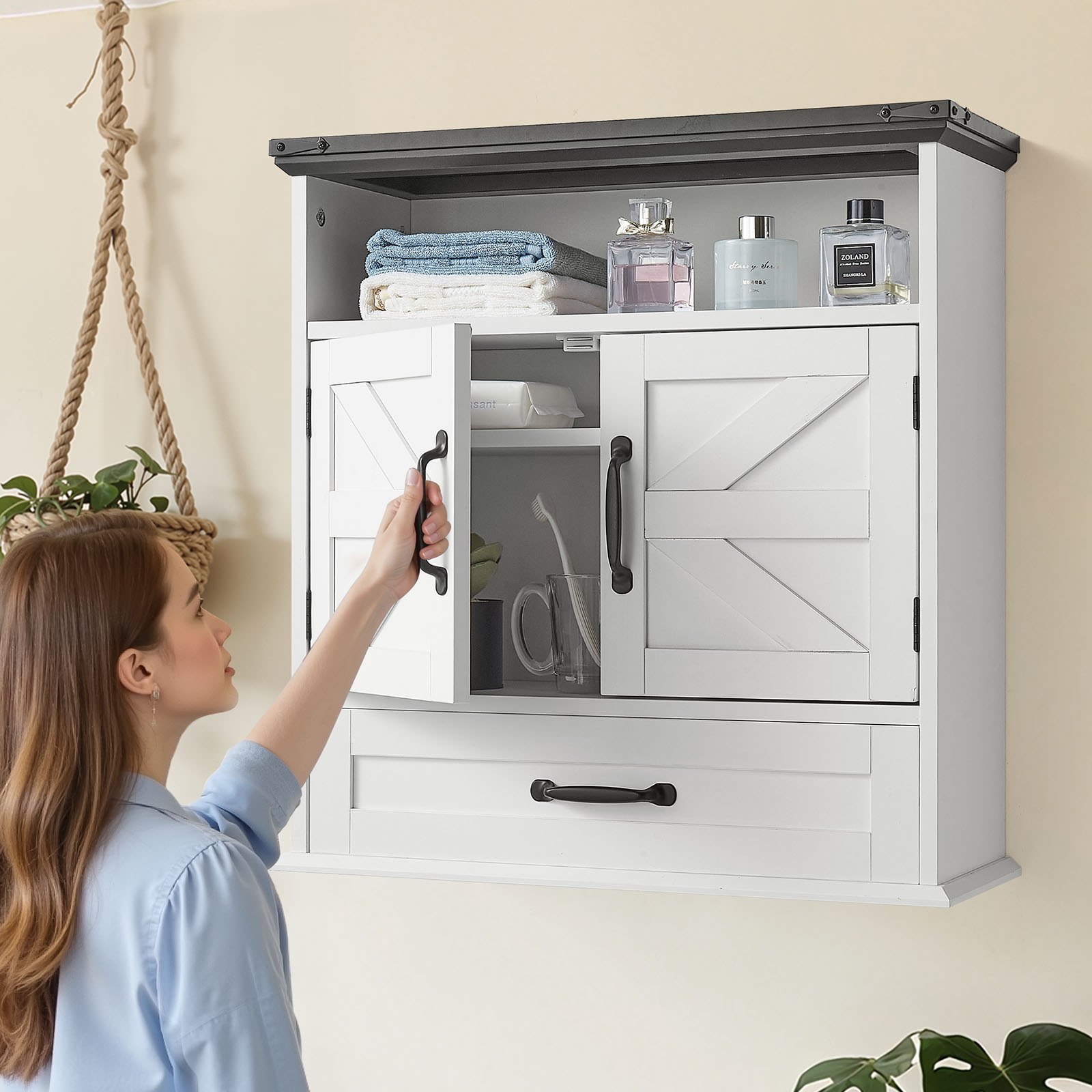 VEVOR Bathroom Wall Cabinet, 2 Doors & Adjustable Shelf, Over the Toilet Storage Medicine Cabinet Wall Mounted, Hanging Organizer with Drawer & Open Partition for Laundry Room Kitchen Restroom, White