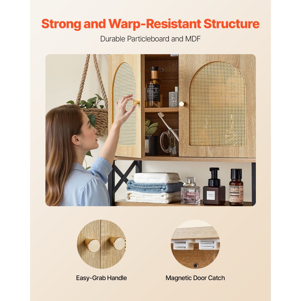 VEVOR Bathroom Wall Cabinet, with 2 Doors and Adjustable Shelf, Over the Toilet Storage Medicine Cabinet Wall Mounted, Hanging Organizer with Shelves & Open Partition for Laundry Room Kitchen Restroom