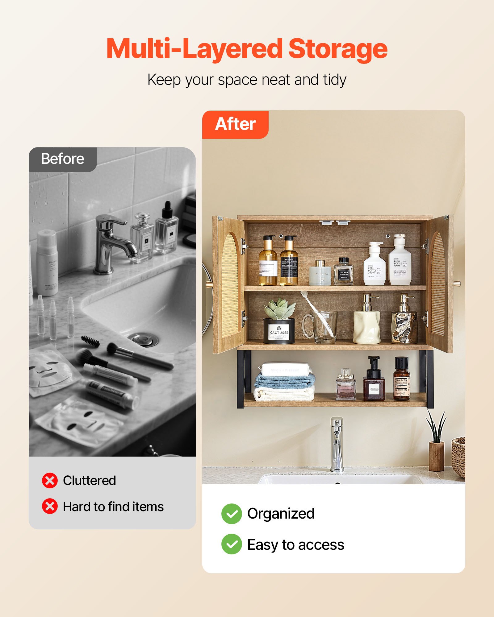 VEVOR Bathroom Wall Cabinet, with 2 Doors and Adjustable Shelf, Over the Toilet Storage Medicine Cabinet Wall Mounted, Hanging Organizer with Shelves & Open Partition for Laundry Room Kitchen Restroom