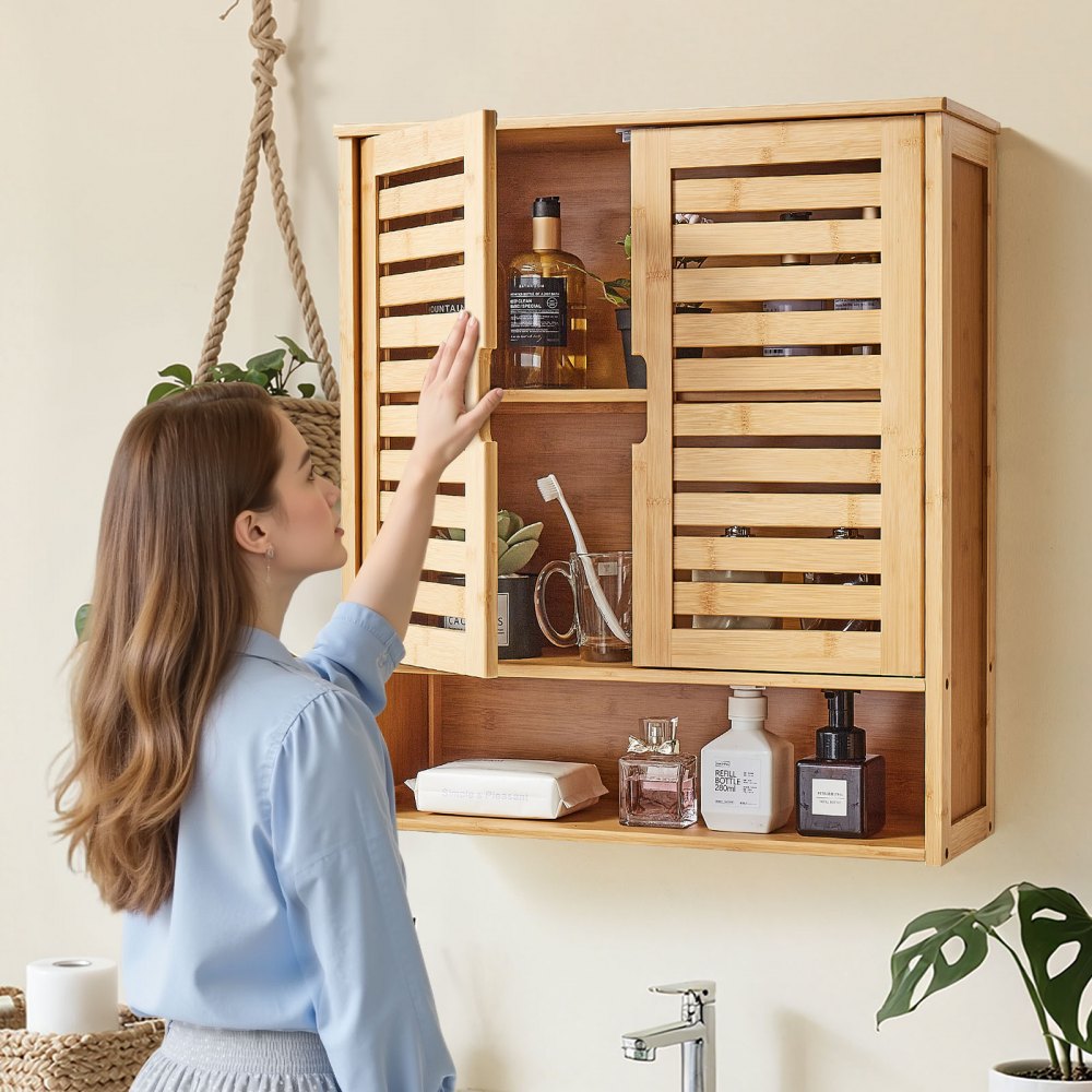 VEVOR Bathroom Wall Cabinet, 2 Doors and Adjustable Shelf, Over the Toilet Storage Medicine Cabinet Wall Mounted, Hanging Organizer with Shelves and Open Partition for Laundry Room Kitchen Restroom