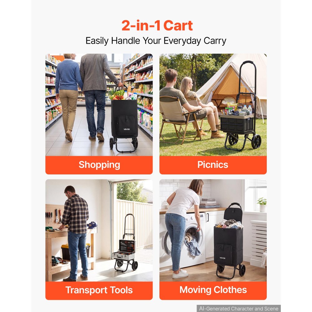 Wózek sklepowy VEVOR, składany wózek sklepowy o udźwigu 35 kg, czarny, pojemność 27 l, z chłodziarką, piankową rączką + kółkami, odpinaną torbą, wózek sklepowy 2 w 1 do zakupów, na kemping i do użytku domowego