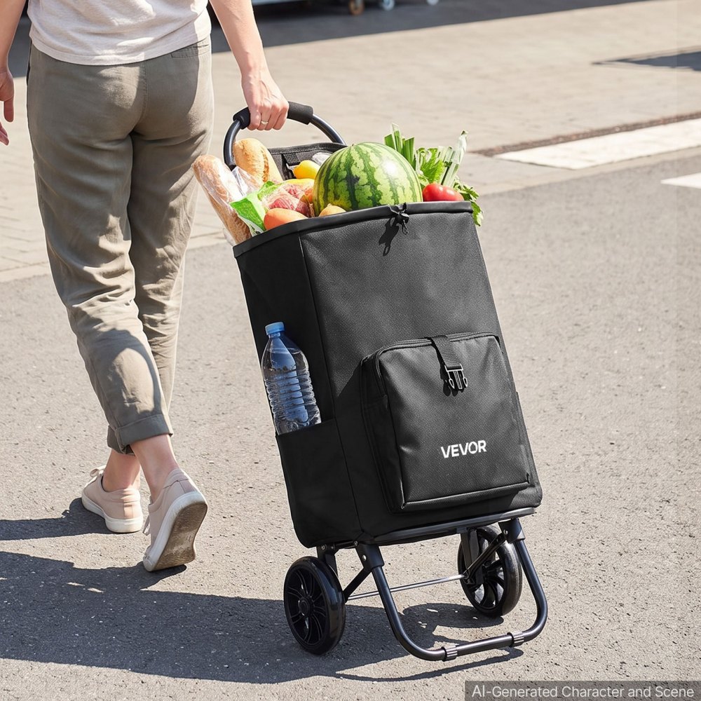 Wózek sklepowy VEVOR, składany wózek sklepowy o udźwigu 35 kg, czarny, pojemność 27 l, z chłodziarką, piankową rączką + kółkami, odpinaną torbą, wózek sklepowy 2 w 1 do zakupów, na kemping i do użytku domowego