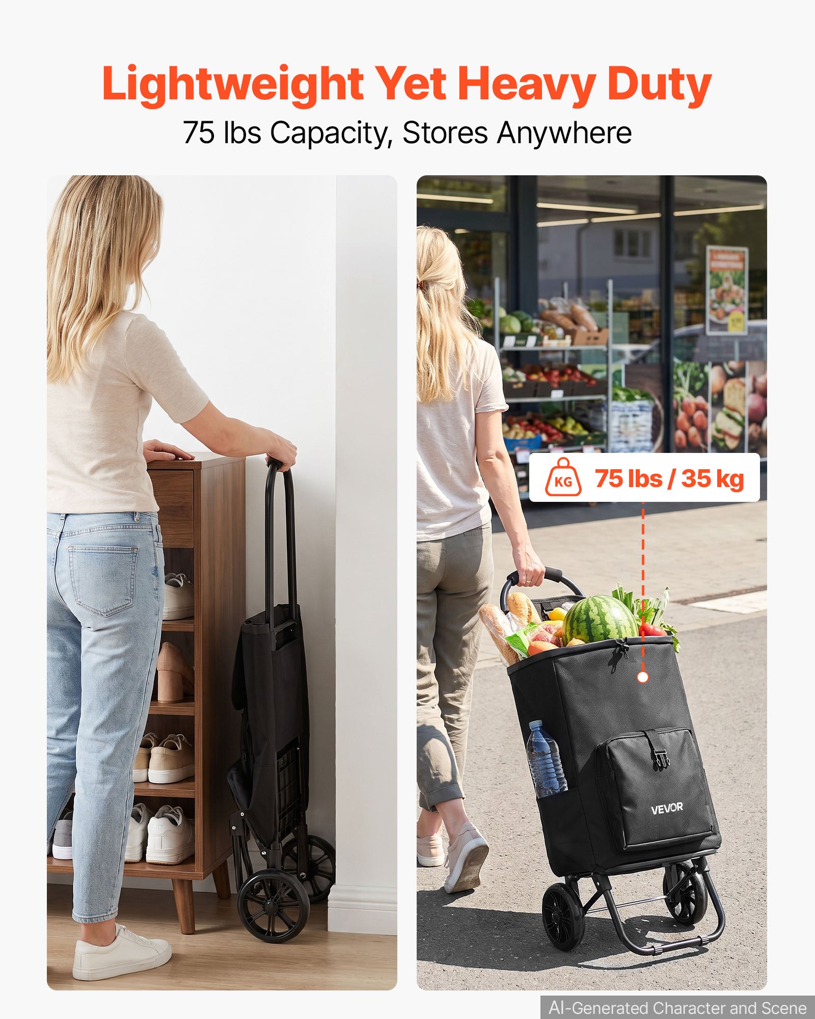 Wózek sklepowy VEVOR, składany wózek sklepowy o udźwigu 35 kg, czarny, pojemność 27 l, z chłodziarką, piankową rączką + kółkami, odpinaną torbą, wózek sklepowy 2 w 1 do zakupów, na kemping i do użytku domowego