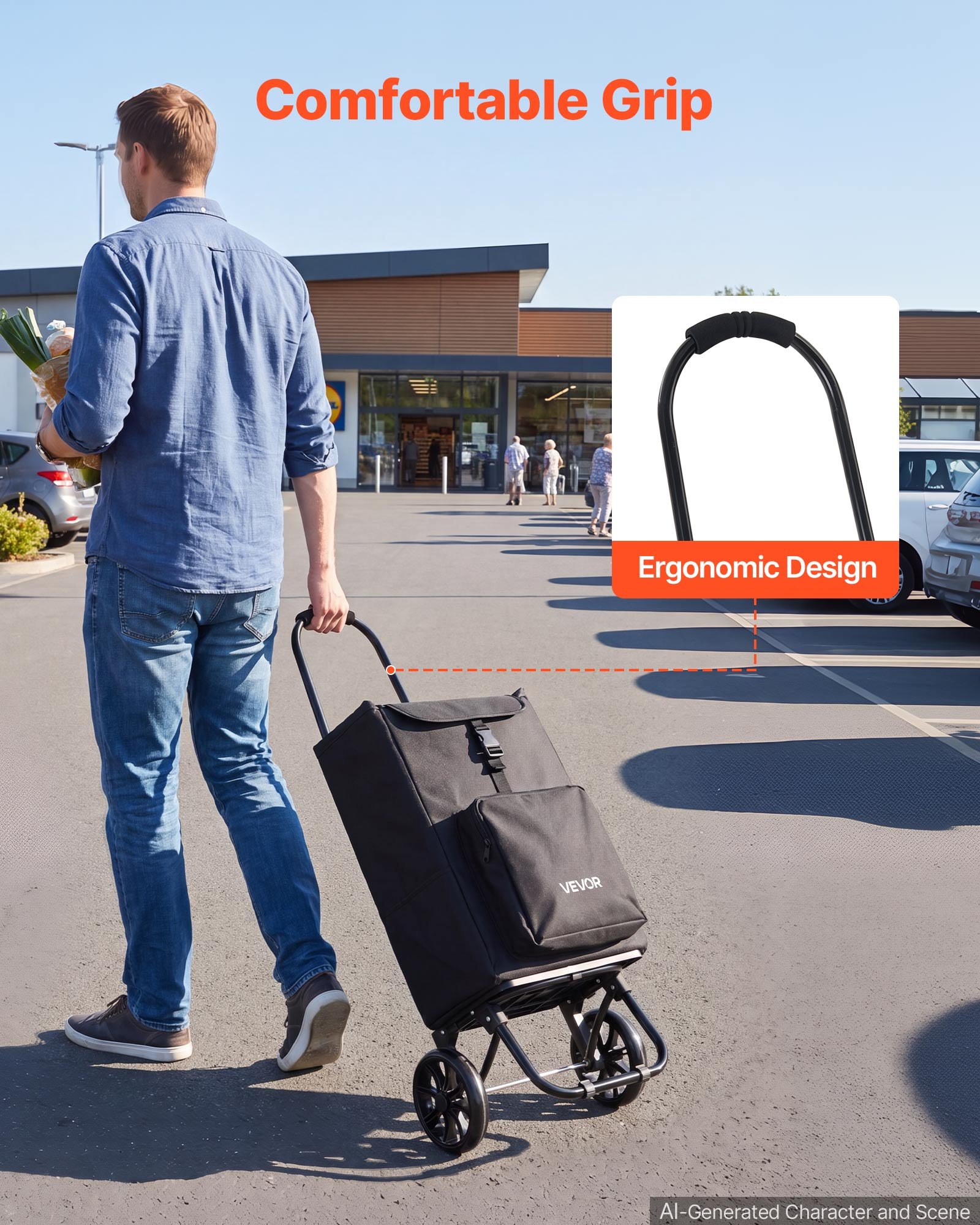 Wózek sklepowy VEVOR, składany wózek sklepowy o udźwigu 35 kg, czarny, pojemność 27 l, z chłodziarką, piankową rączką + kółkami, odpinaną torbą, wózek sklepowy 2 w 1 do zakupów, na kemping i do użytku domowego
