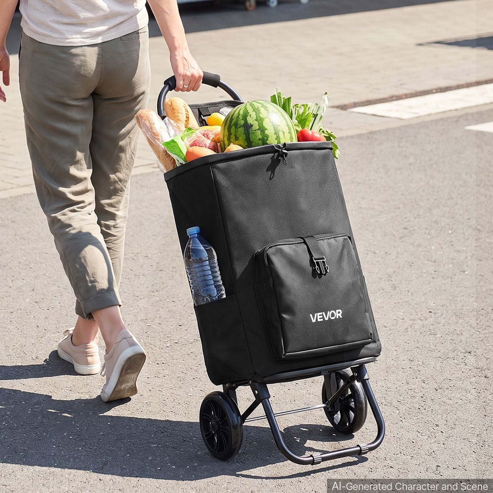 Wózek sklepowy VEVOR, składany wózek sklepowy o udźwigu 35 kg, czarny, pojemność 27 l, z chłodziarką, piankową rączką + kółkami, odpinaną torbą, wózek sklepowy 2 w 1 do zakupów, na kemping i do użytku domowego