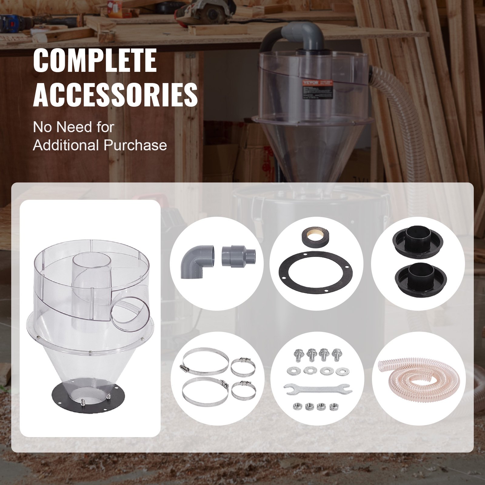 Odpylacz cyklonowy VEVOR, 4-calowy odpylacz cyklonowy do modernizacji, odpylacz ABS z 2-calowym otworem przyłączeniowym i wężem do odkurzaczy na mokro/sucho, pasuje do zbiornika o pojemności 5–10 galonów (zbiornik nie jest dołączony)