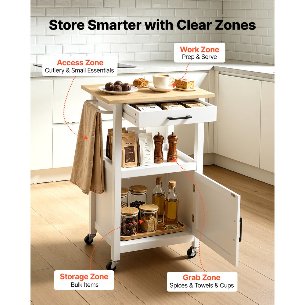 VEVOR Kitchen Island Cart with Single Door Cabinet, Mobile Carts with Drawer, Towel Rack, Hooks, Portable Table on Swivel Wheels, Small Coffee Islands Microwave Stand for Dining Room, 45x59cm, White