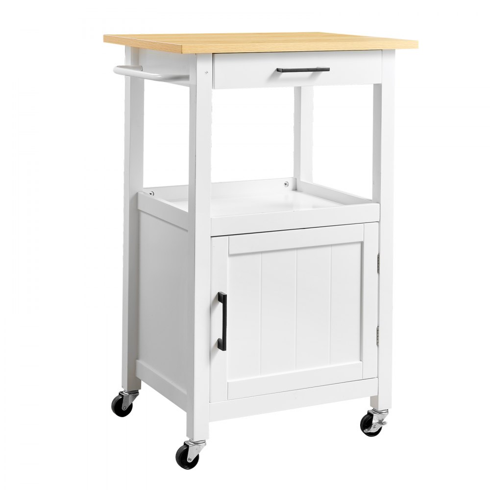 VEVOR Kitchen Island Cart with Single Door Cabinet, Mobile Carts with Drawer, Towel Rack, Hooks, Portable Table on Swivel Wheels, Small Coffee Islands Microwave Stand for Dining Room, 45x59cm, White