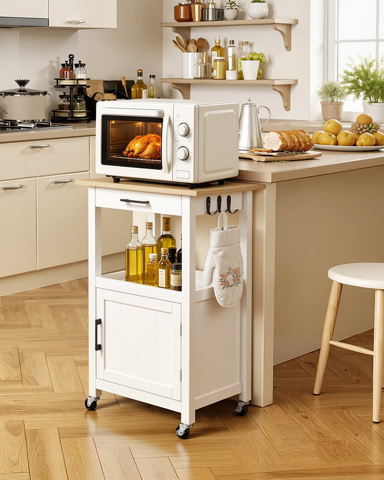 VEVOR Kitchen Island Cart with Single Door Cabinet, Mobile Carts with Drawer, Towel Rack, Hooks, Portable Table on Swivel Wheels, Small Coffee Islands Microwave Stand for Dining Room, 45x59cm, White