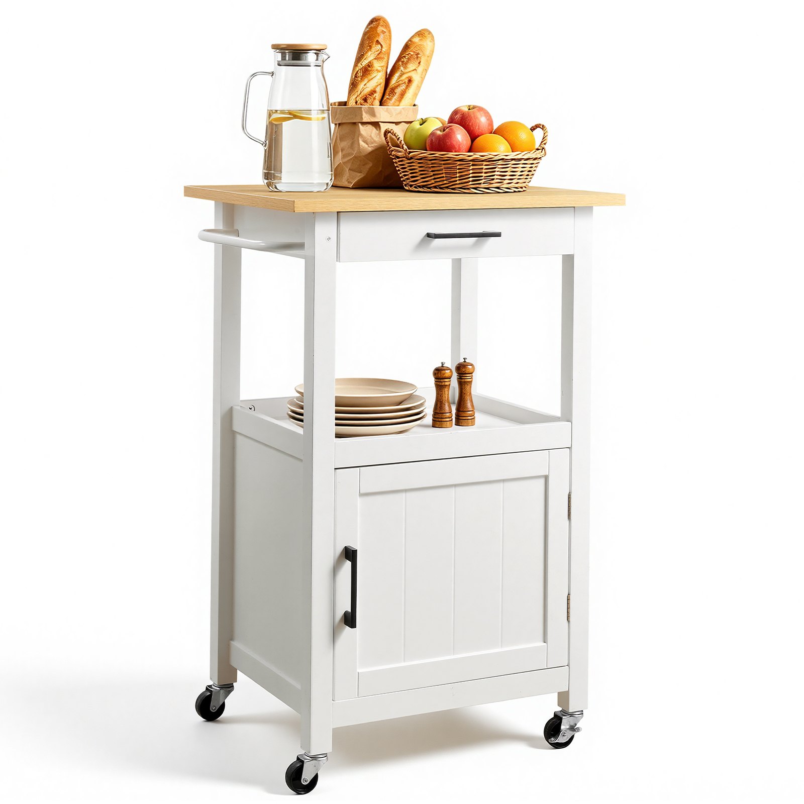 VEVOR Kitchen Island Cart with Single Door Cabinet, Mobile Carts with Drawer, Towel Rack, Hooks, Portable Table on Swivel Wheels, Small Coffee Islands Microwave Stand for Dining Room, 45x59cm, White