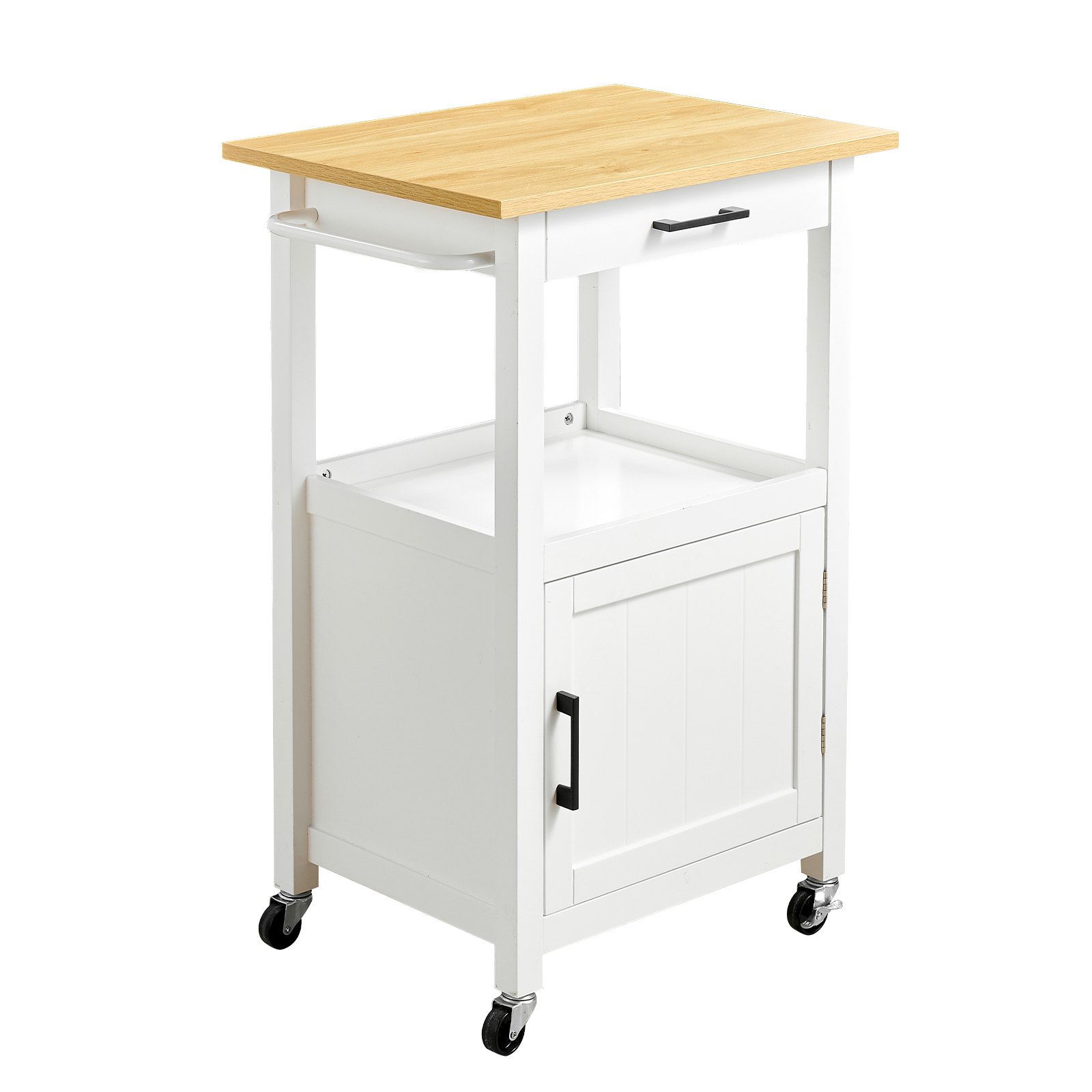 VEVOR Kitchen Island Cart with Single Door Cabinet, Mobile Carts with Drawer, Towel Rack, Hooks, Portable Table on Swivel Wheels, Small Coffee Islands Microwave Stand for Dining Room, 45x59cm, White
