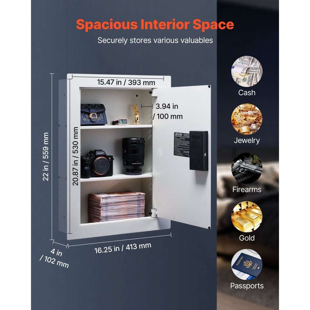 VEVOR 0.83 sq.ft Wall Safe, 3-Tier Hidden Wall Safe with Password, Key & Turning Knob, Q235 Cold-Rolled Steel In-Wall Box with Adjustable Shelves & Mounting Holes for Money, Jewelry, Passport, White
