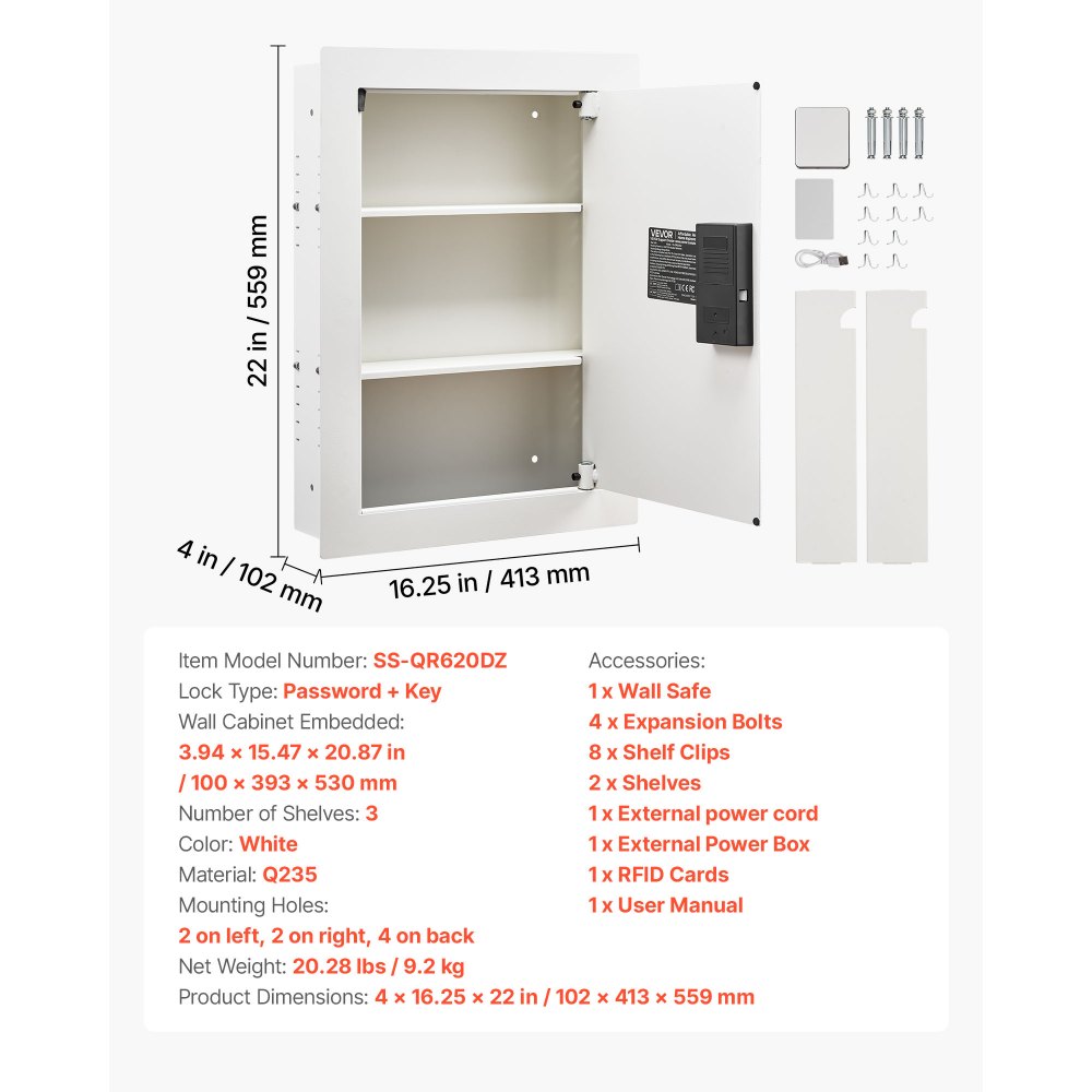 VEVOR 0.83 sq.ft Wall Safe, 3-Tier Hidden Wall Safe with Password, Key & Turning Knob, Q235 Cold-Rolled Steel In-Wall Box with Adjustable Shelves & Mounting Holes for Money, Jewelry, Passport, White