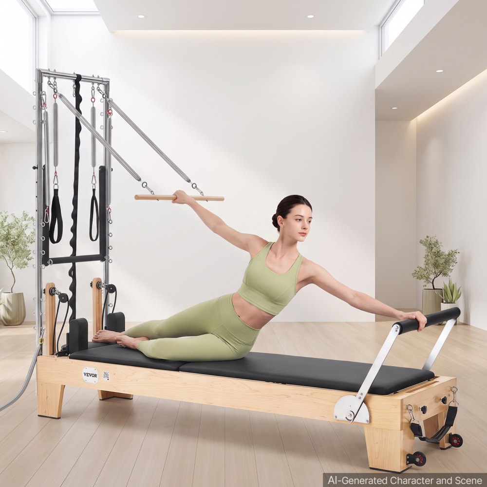 Reformer VEVOR Pilates z półwieżą 2400 x 735 x 1990 mm wykonany z drewna klonowego. Idealny do użytku domowego i na siłownię, wytrzymuje obciążenie do 181 kg, z trampoliną, sprężynami, skrzynią do pilatesu i regulowanym zagłówkiem.