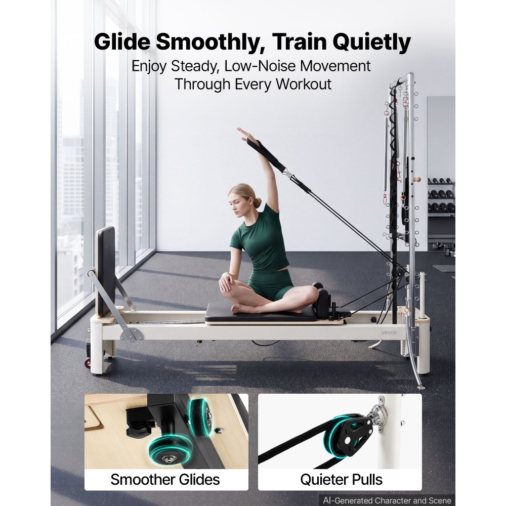 Reformer VEVOR Pilates z połową wieży 2370x795x200 mm, ze stopu aluminium, idealny do użytku domowego i na siłowni, obsługuje do 181 kg, z trampoliną, sprężynami, skrzynią do ćwiczeń Pilates i regulowanym zagłówkiem