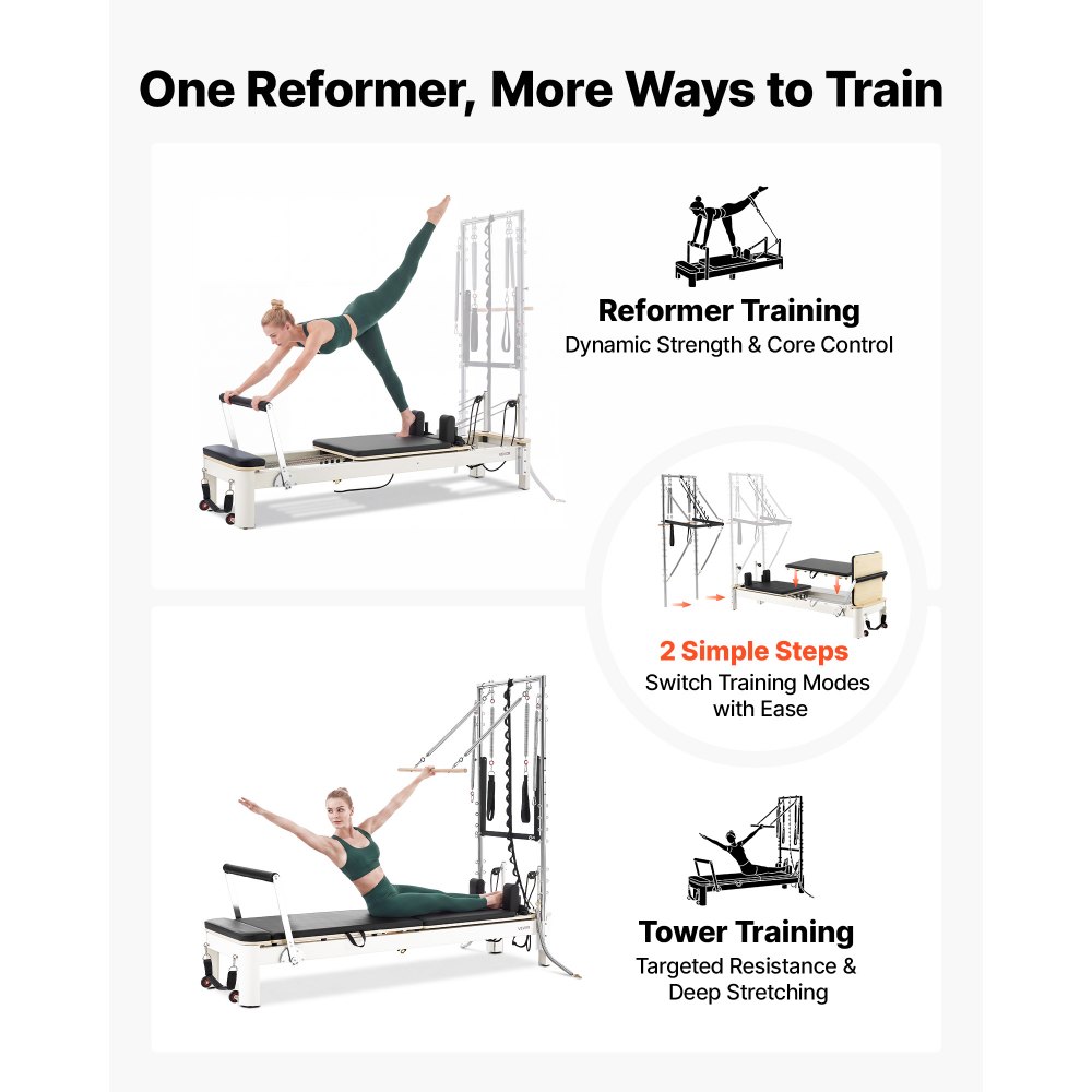 Reformer VEVOR Pilates z połową wieży 2370x795x200 mm, ze stopu aluminium, idealny do użytku domowego i na siłowni, obsługuje do 181 kg, z trampoliną, sprężynami, skrzynią do ćwiczeń Pilates i regulowanym zagłówkiem