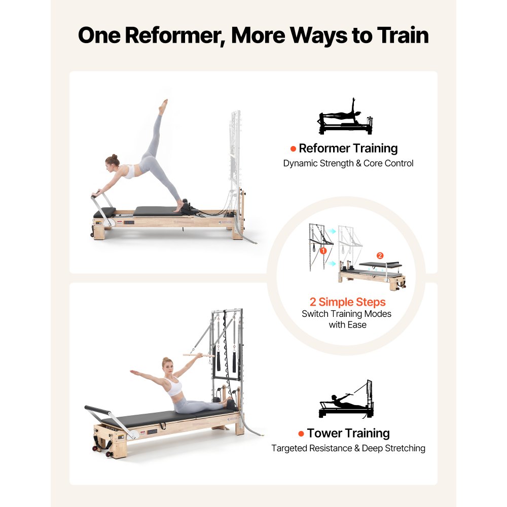 Reformer VEVOR Pilates z połową wieży 2440 x 800 x 1975 mm Drewno kauczukowe Idealny do użytku w domu i na siłowni, nośność do 181 kg, z trampoliną, sprężynami, skrzynią do pilatesu i regulowanym zagłówkiem
