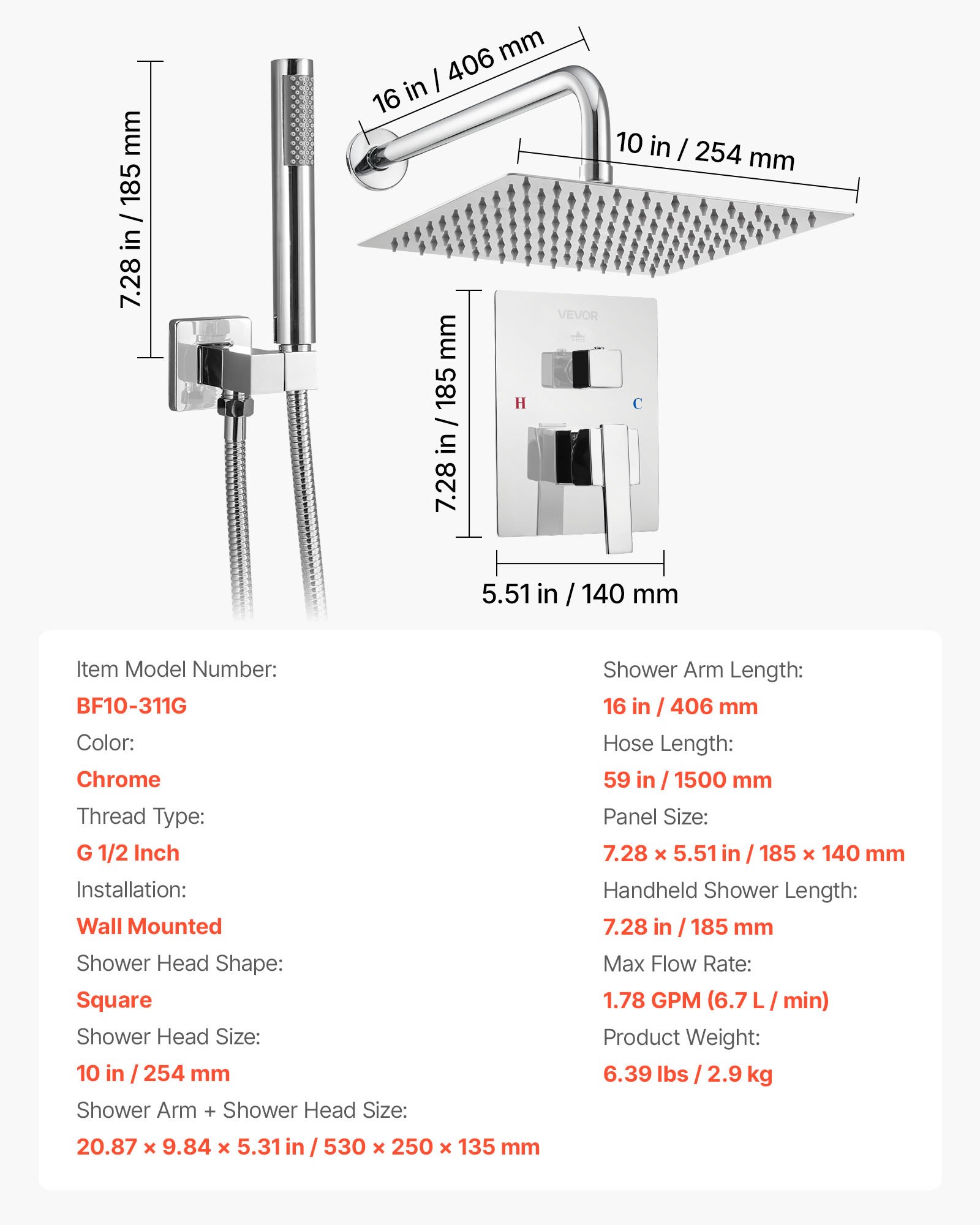 Bateria natryskowa VEVOR z deszczownicą do łazienki, z kwadratową głowicą deszczową o średnicy 254 mm i słuchawką prysznicową, ścienna bateria łazienkowa z zaworem mosiężnym i zestawem wykończeniowym, chrom srebrny