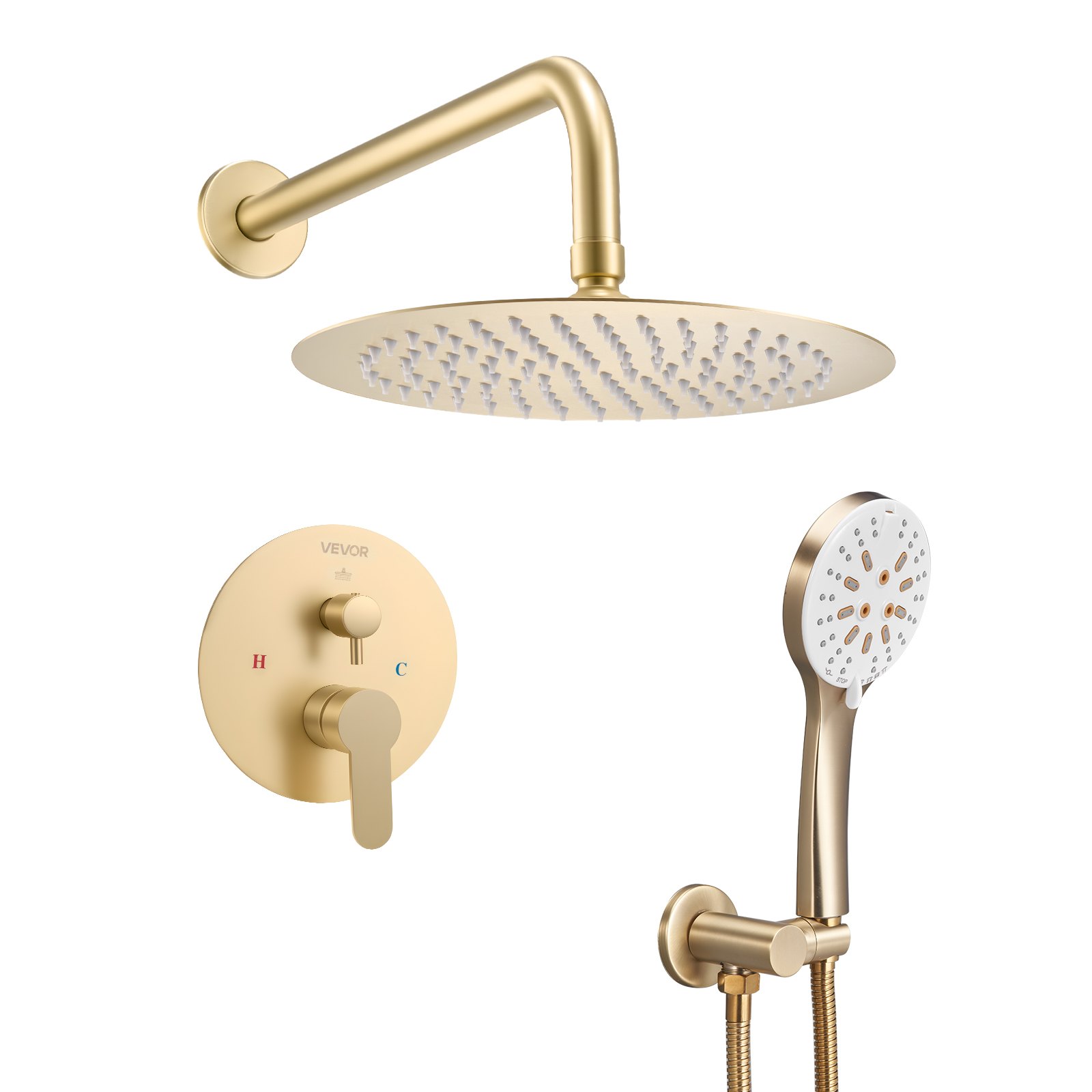 Bateria natryskowa VEVOR z deszczownicą do łazienki, z okrągłą głowicą deszczową o średnicy 254 mm i słuchawką prysznicową, bateria łazienkowa ścienna z zaworem mosiężnym i zestawem wykończeniowym, szczotkowane złoto