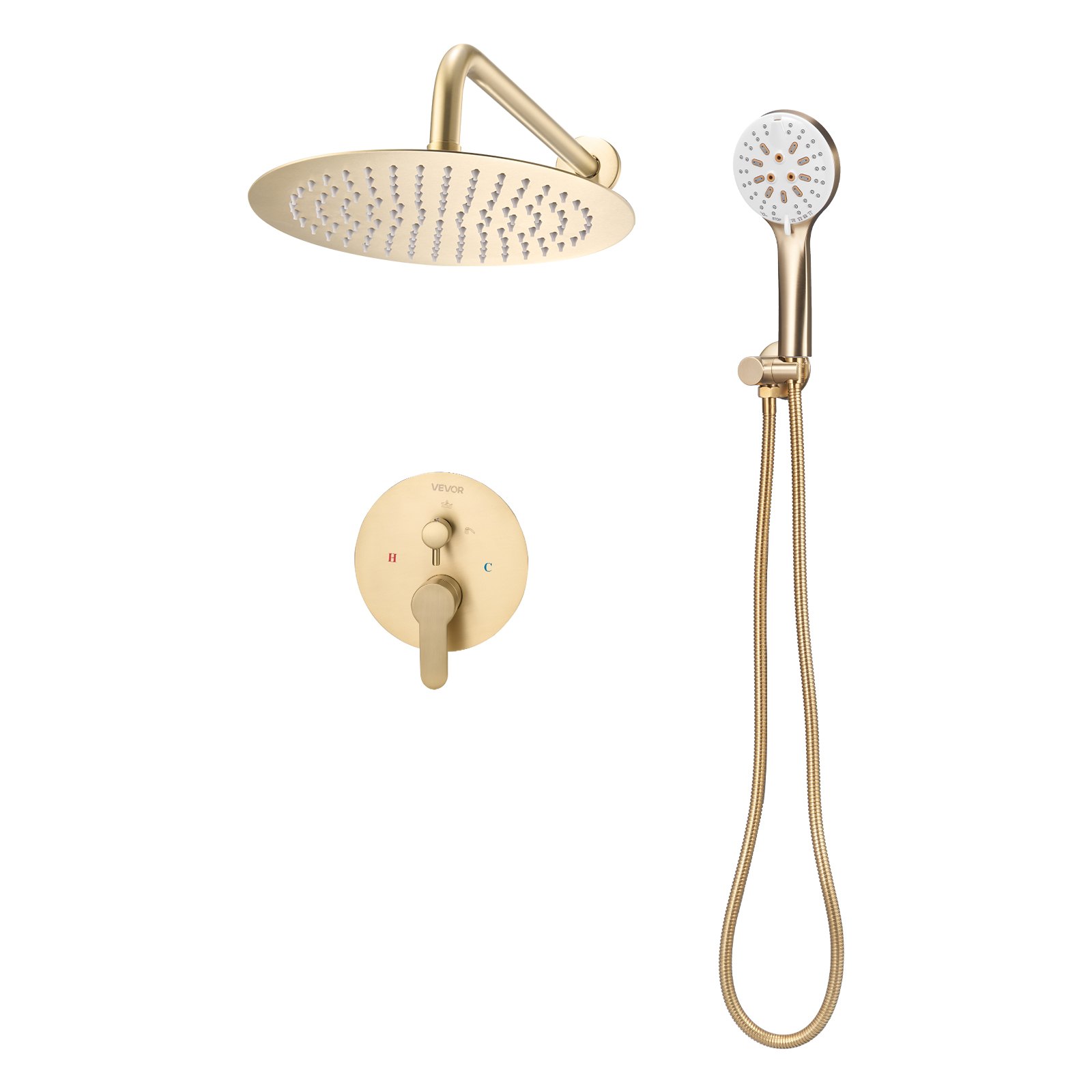 Bateria natryskowa VEVOR z deszczownicą do łazienki, z okrągłą głowicą deszczową o średnicy 254 mm i słuchawką prysznicową, bateria łazienkowa ścienna z zaworem mosiężnym i zestawem wykończeniowym, szczotkowane złoto
