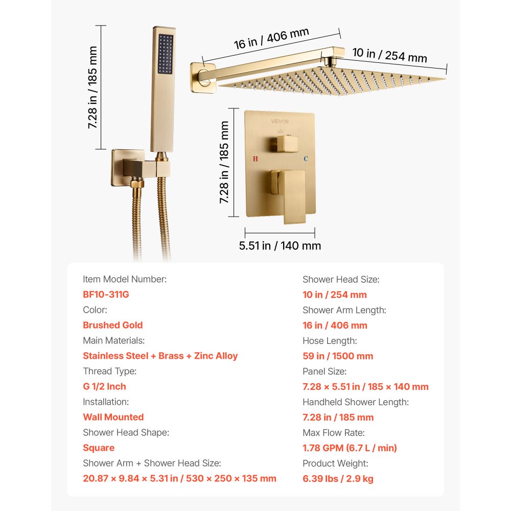 Bateria natryskowa VEVOR z deszczownicą do łazienki, z kwadratową głowicą deszczową o średnicy 254 mm i słuchawką prysznicową, bateria łazienkowa ścienna z zaworem mosiężnym i zestawem wykończeniowym, szczotkowane złoto