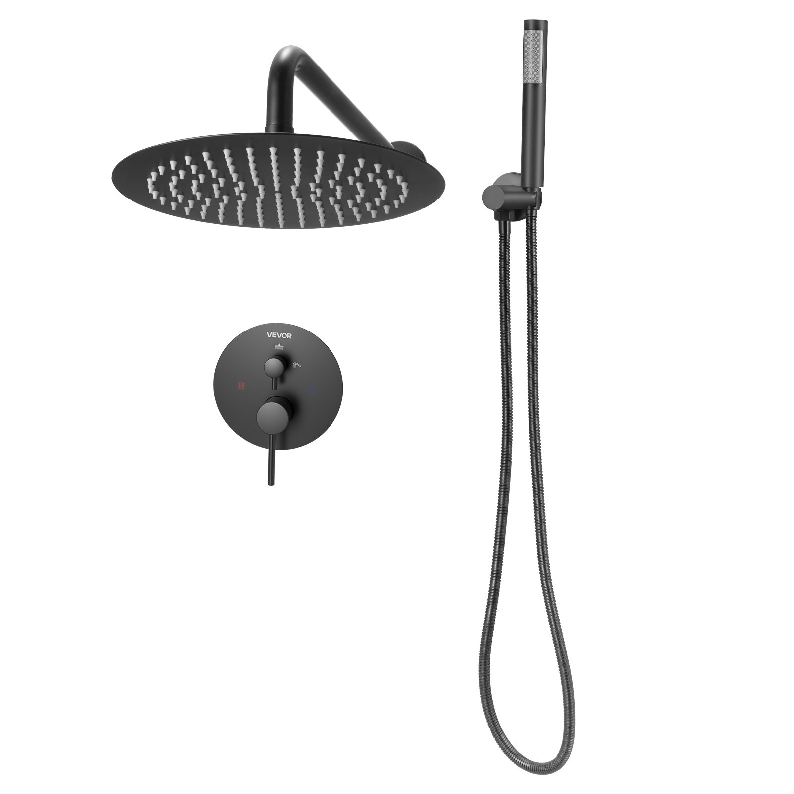 Bateria natryskowa VEVOR z deszczownicą do łazienki, z okrągłą głowicą deszczową o średnicy 203 mm i słuchawką prysznicową, bateria łazienkowa ścienna z zaworem mosiężnym i zestawem wykończeniowym, matowa czerń