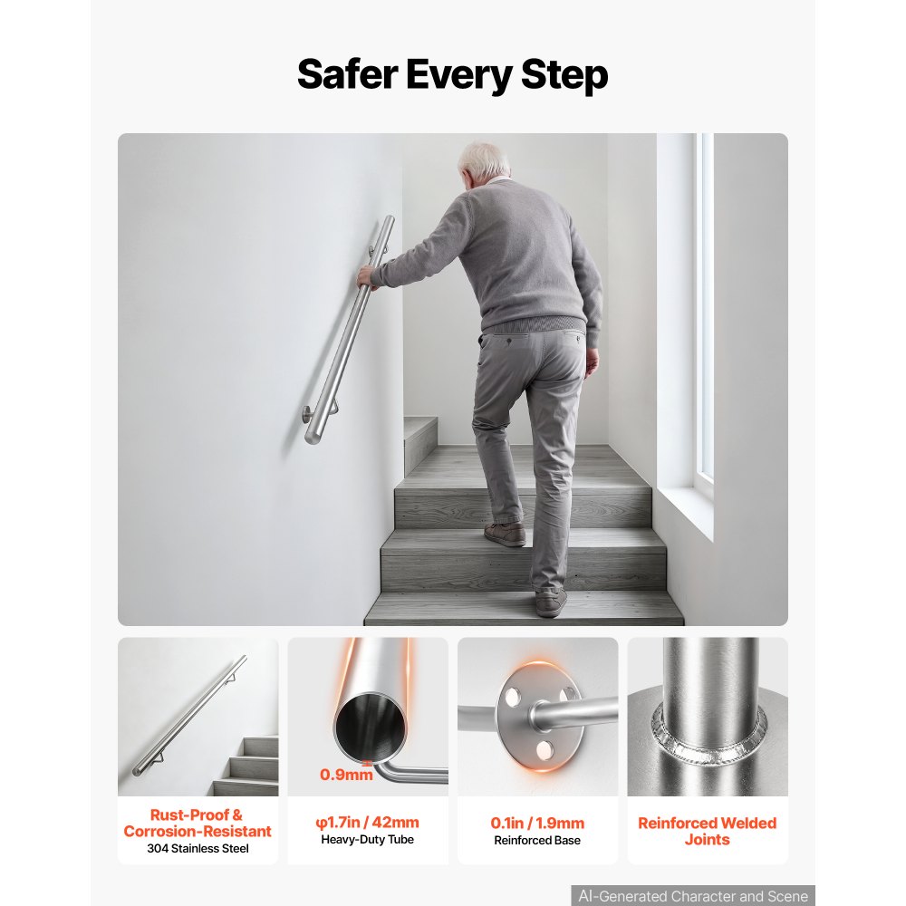VEVOR Wall-Mounted Stair Handrail, 120 cm 113.4 kg Metal Railing Silver, for Indoor Steps, Loft, Porch & Hallways, Heavy-Duty Industrial Stainless Steel Hand Rail, Round Tube, Mounting Hardware