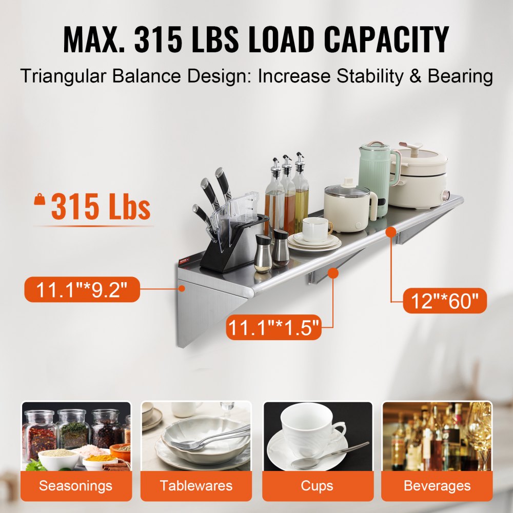 Półka ścienna na przyprawy VEVOR 1524 x 305 x 63 mm, wisząca półka kuchenna z ramą nośną, półka pływająca ze stali nierdzewnej, nośność 142 kg, półka ścienna z półką na przyprawy do kuchni, restauracji, hoteli itp.
