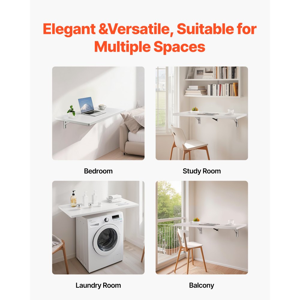 VEVOR Składany stół montowany na ścianie, 100 x 50 cm, stół składany, biurko wiszące z żelaznym uchwytem, ​​składane biurko do małych przestrzeni, gabinetu, jadalni, pralni, kuchni, baru, biały