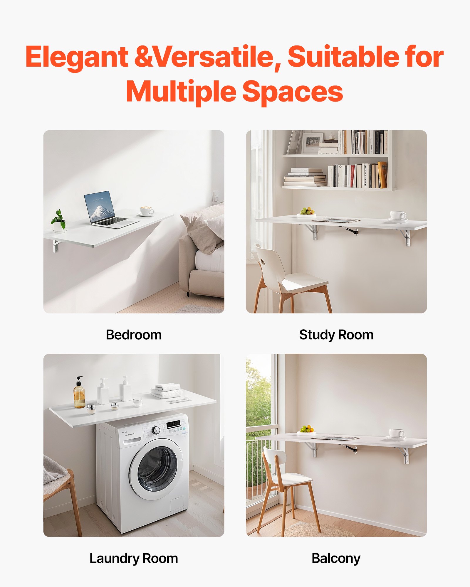 VEVOR Składany stół montowany na ścianie, 110 x 46 cm, stół składany, biurko wiszące z żelaznym uchwytem, ​​składane biurko do małych przestrzeni, gabinetu, jadalni, pralni, kuchni, baru, biały