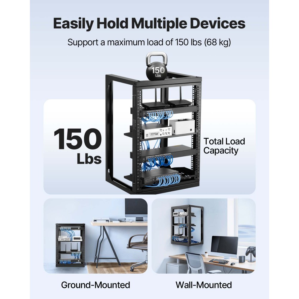 VEVOR 15U Wall Mount Server Rack, 68.04 kg Max Load Capacity, Open Frame Network Rack with 180 Degrees Gate Swing Door, Carbon Steel, Ideal for IT Network Equipment & AV Devices Computer Server, Black
