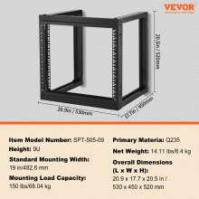 Szafa serwerowa VEVOR 9U do montażu na ścianie, 68,04 kg, otwarta rama, szafa sieciowa 530x450x520mm