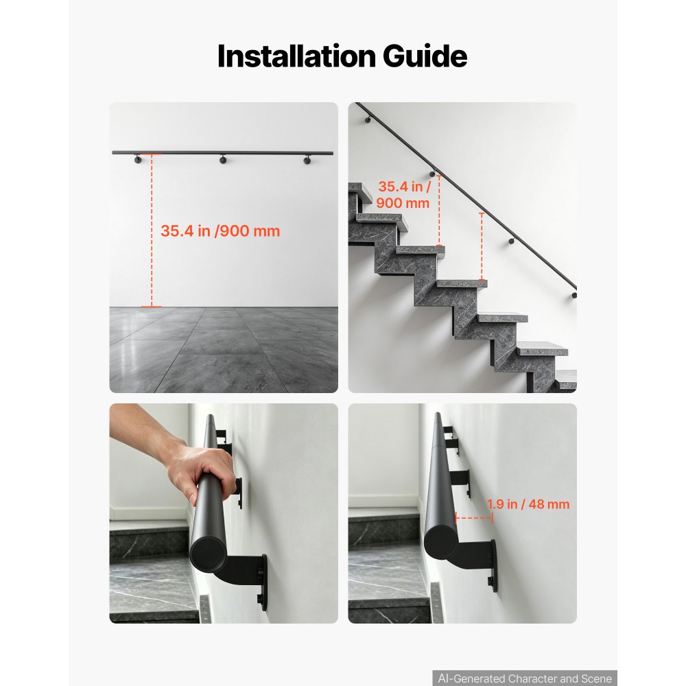 VEVOR 2x poręcze ścienne schodowe 3048 mm o udźwigu 113,4 kg, czarne, poręcz ścienna do schodów, strychów, piwnic i korytarzy, okrągła rura ze stopu aluminium, uchwyt bezpieczeństwa dla seniorów, nierdzewny