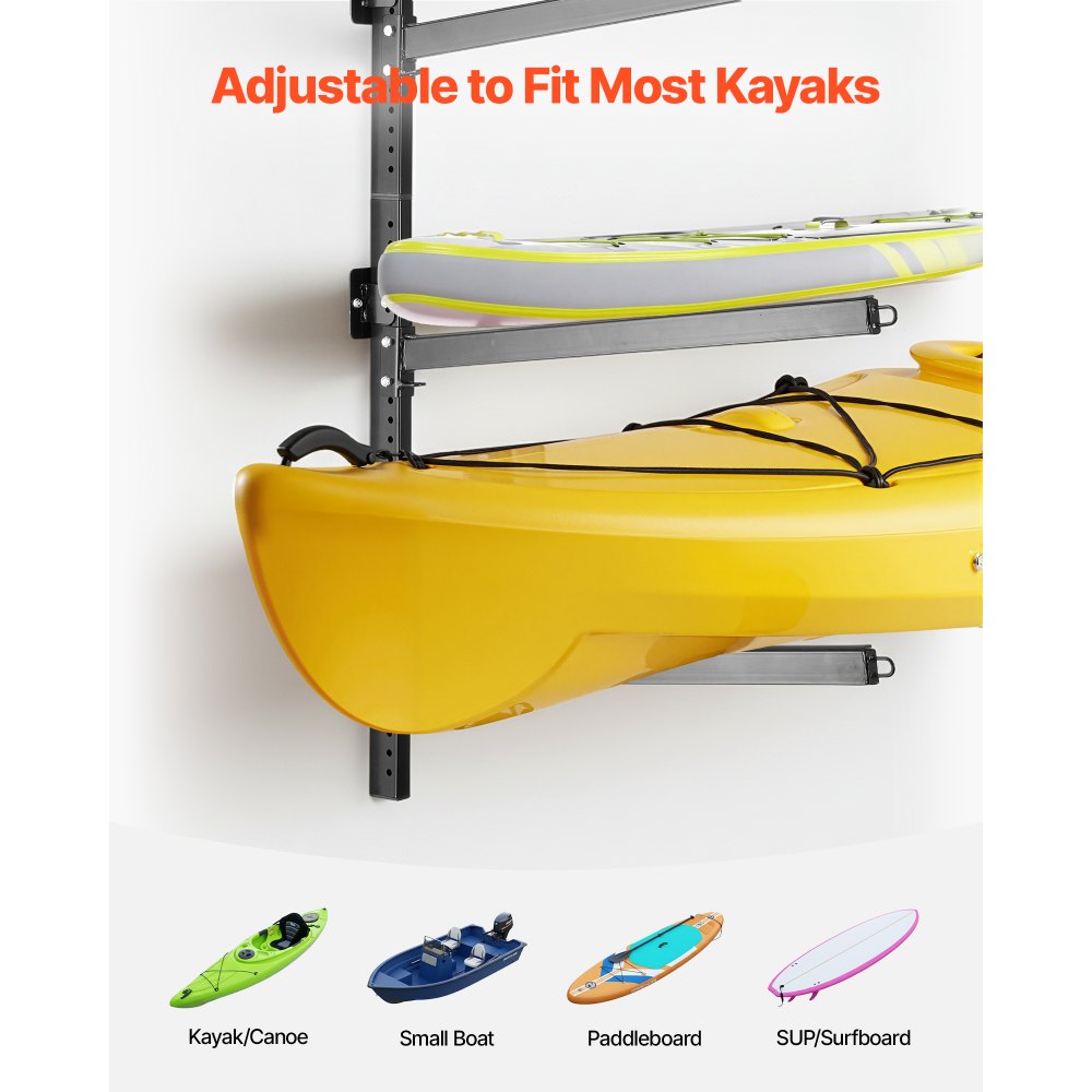 Stojak ścienny do przechowywania kajaków VEVOR na 4 kajaki/kanadyjki/deski surfingowe/deski SUP/małe łodzie, stojak na kajaki o udźwigu 136 kg, regulowany uchwyt na kajak do garażu
