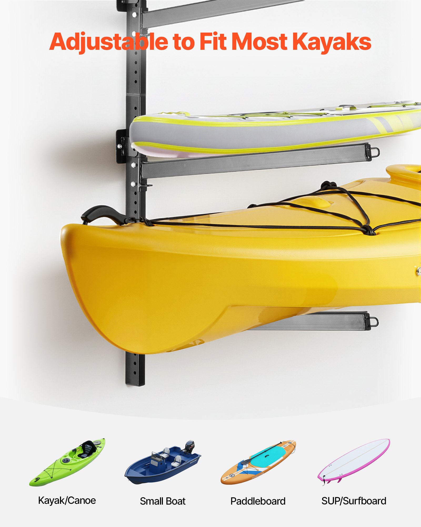 Stojak ścienny do przechowywania kajaków VEVOR na 4 kajaki/kanadyjki/deski surfingowe/deski SUP/małe łodzie, stojak na kajaki o udźwigu 136 kg, regulowany uchwyt na kajak do garażu