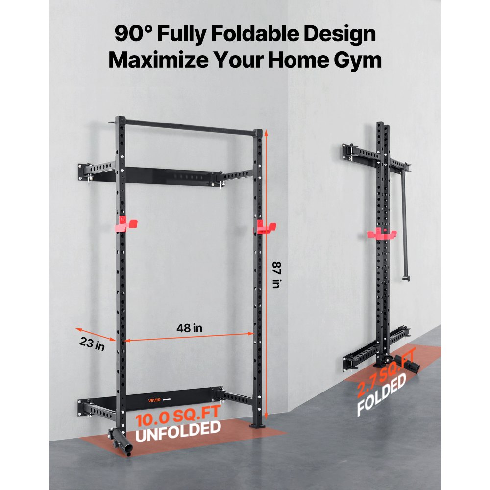 VEVOR Folding Power Cage, Wall-Mounted Power Rack Squat Rack, Multifunctional Strength Training Workout Equipment with Landmine Holder, Adjustable J-Hooks & Pull-Up Bar for Home Gym, 545KG Capacity