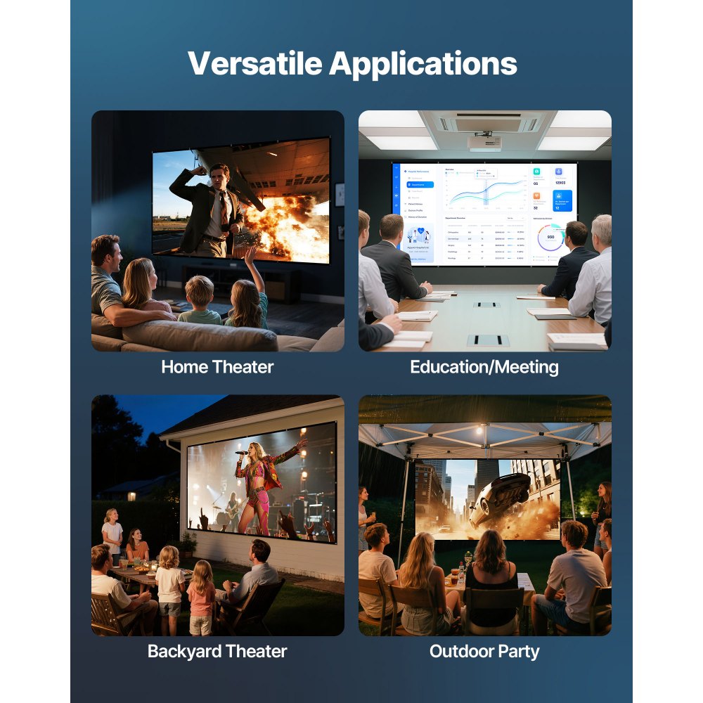 Ekran projekcyjny VEVOR z ręcznym sterowaniem, 150 cali, 16:9, 4K, 1080 HD, montowany na ścianie, z 12 haczykami i dwustronnymi taśmami klejącymi, do projekcji filmów w kinie domowym