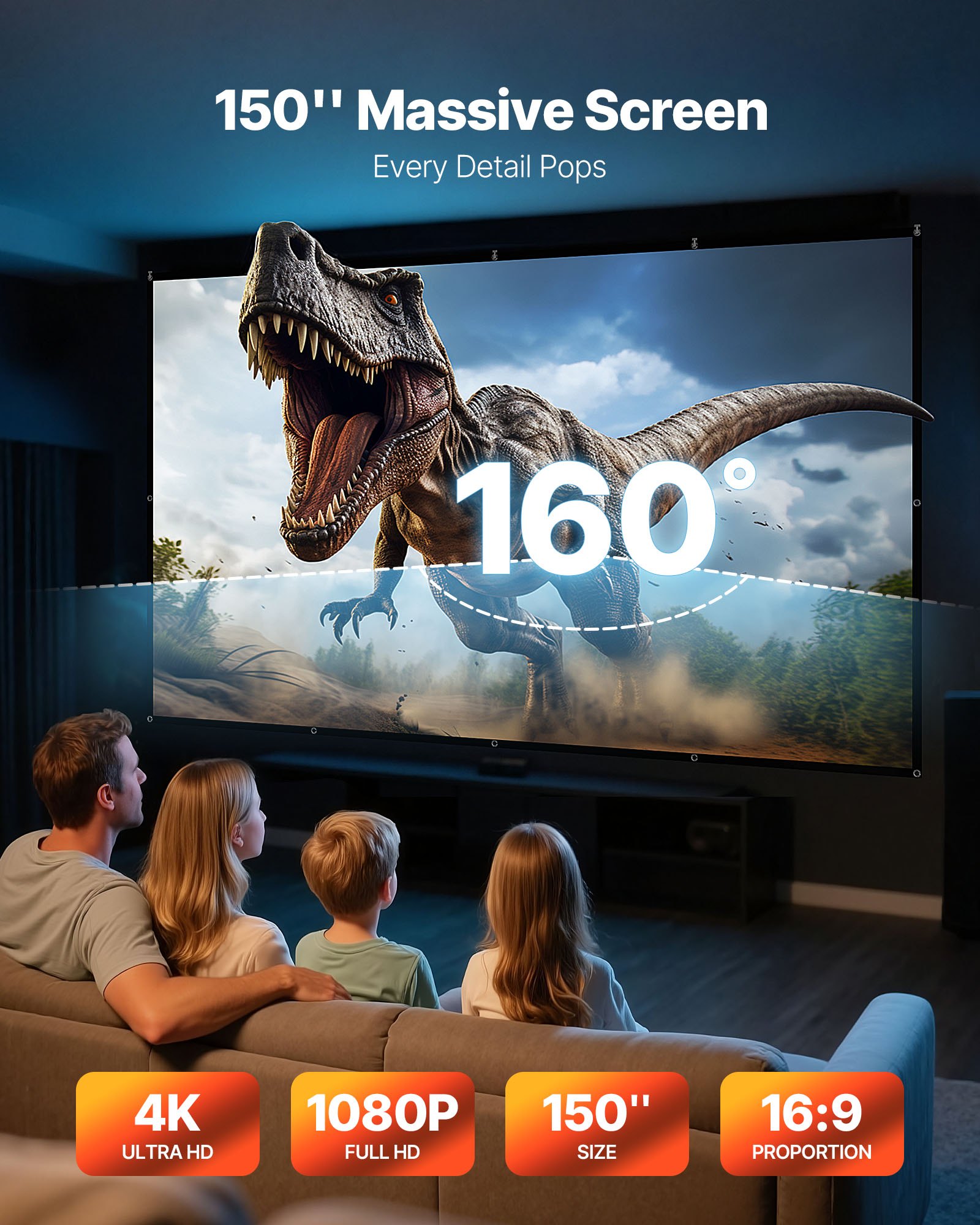 Ekran projekcyjny VEVOR z ręcznym sterowaniem, 150 cali, 16:9, 4K, 1080 HD, montowany na ścianie, z 12 haczykami i dwustronnymi taśmami klejącymi, do projekcji filmów w kinie domowym